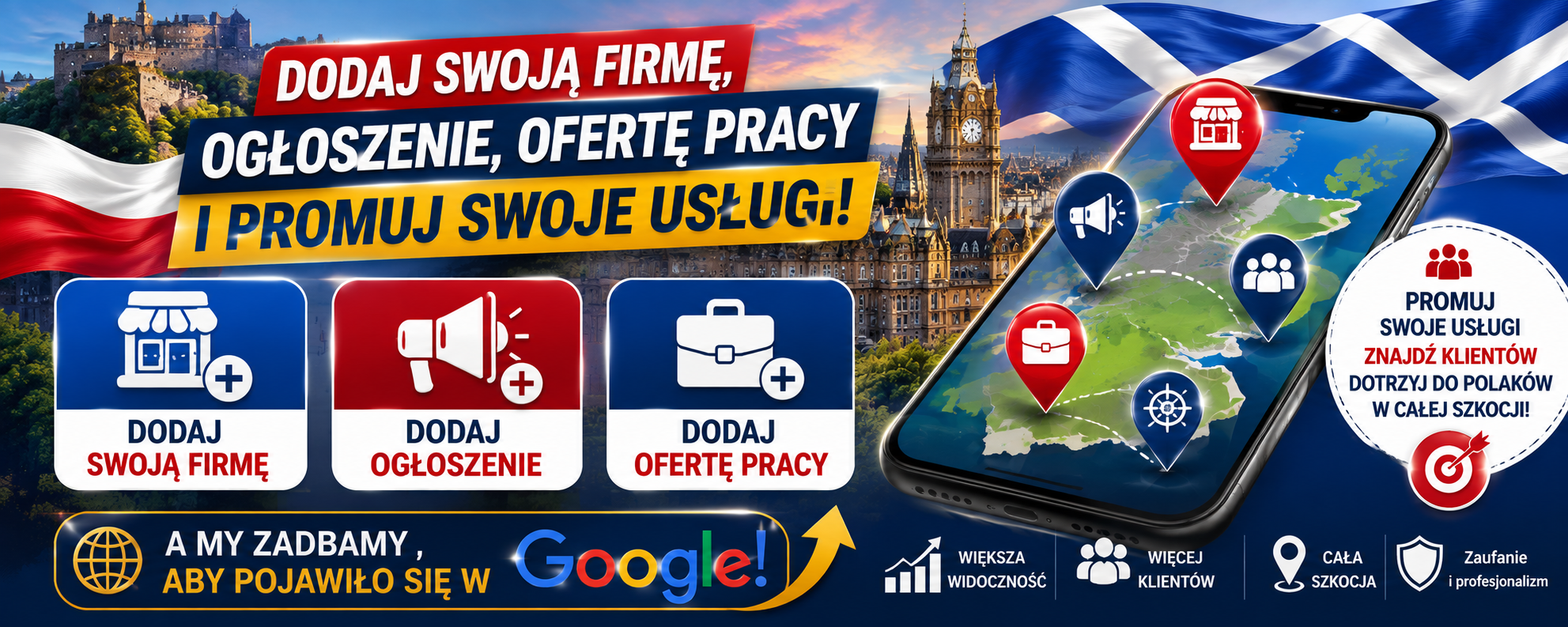 Dodaj swoją firmę, ogłoszenie lub ofertę pracy i promuj swoje usługi w Szkocji
